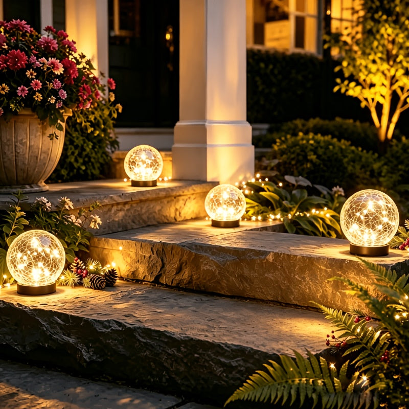 Warm White Solar Crackle Glass Ball Lights with Ground Stake Wording, Four, Six or Eight-Piece Packs for Decorative Garden Borders, Patios and Event Displays