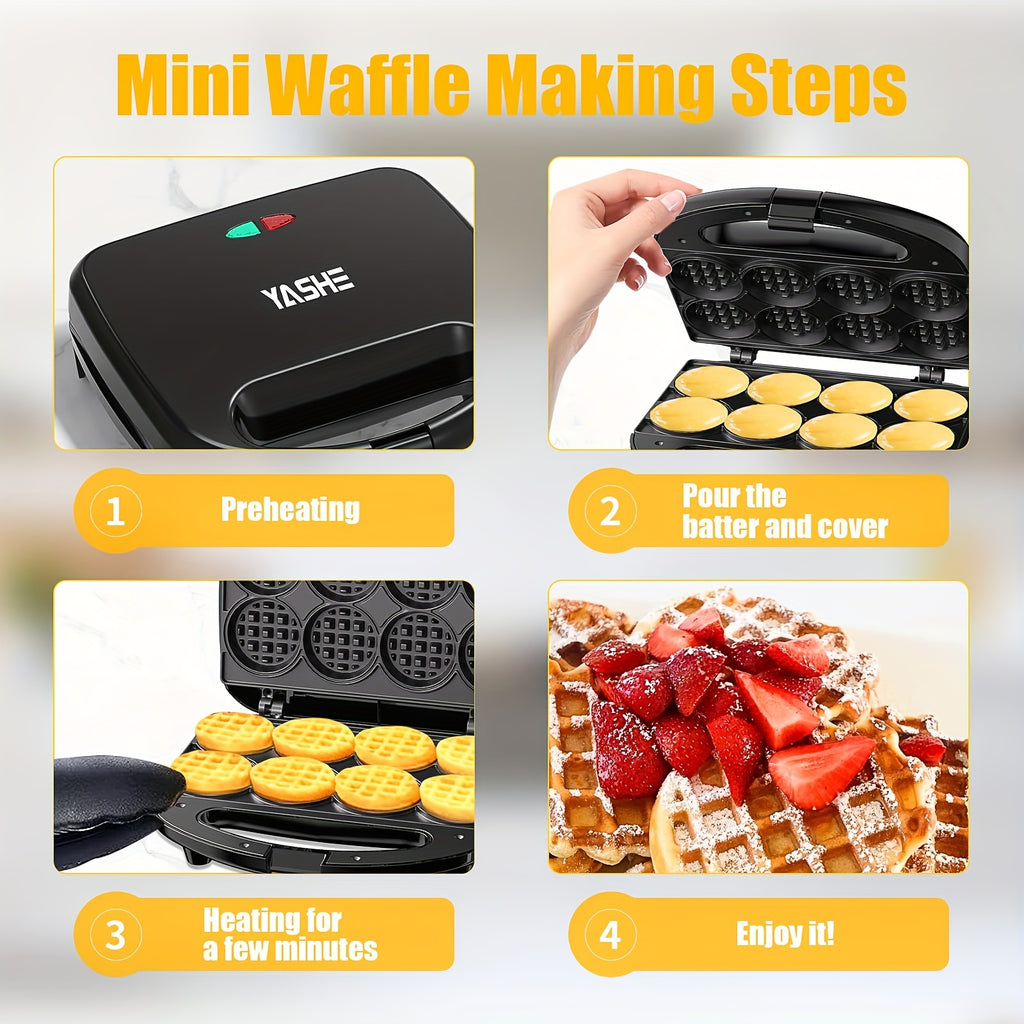 Eight-Bite Mini Waffle Maker with Nonstick Cooking Plates, ABS07-C Compact Desktop Waffle Iron for Listed 2-Inch Breakfast Bites, Snacks and Desserts