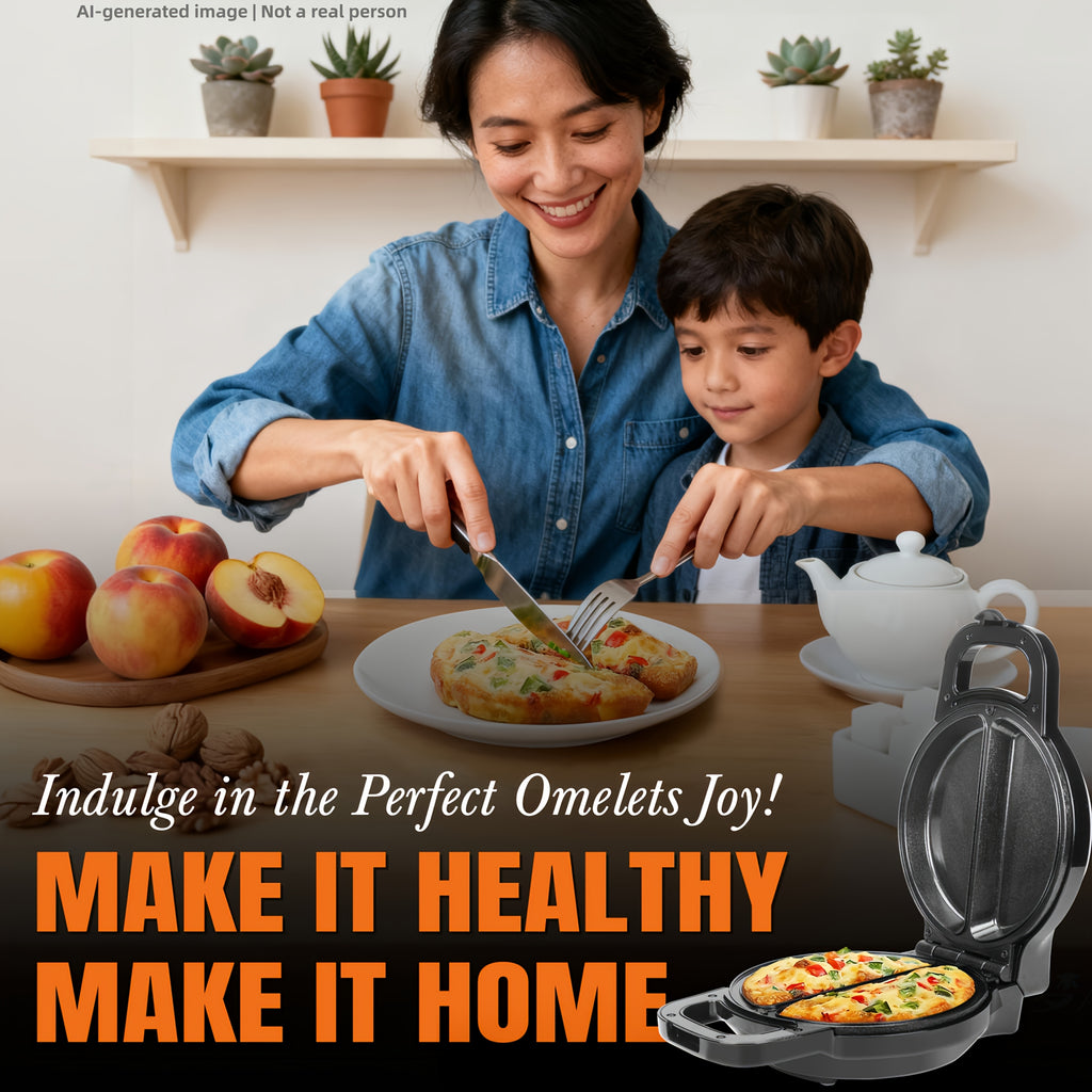 Double Omelette Maker with Dual 6.5-Inch Nonstick Plates and Flip Design for Omelets, Breakfast Burritos and Home Cooking in Red, Blue or Graphite