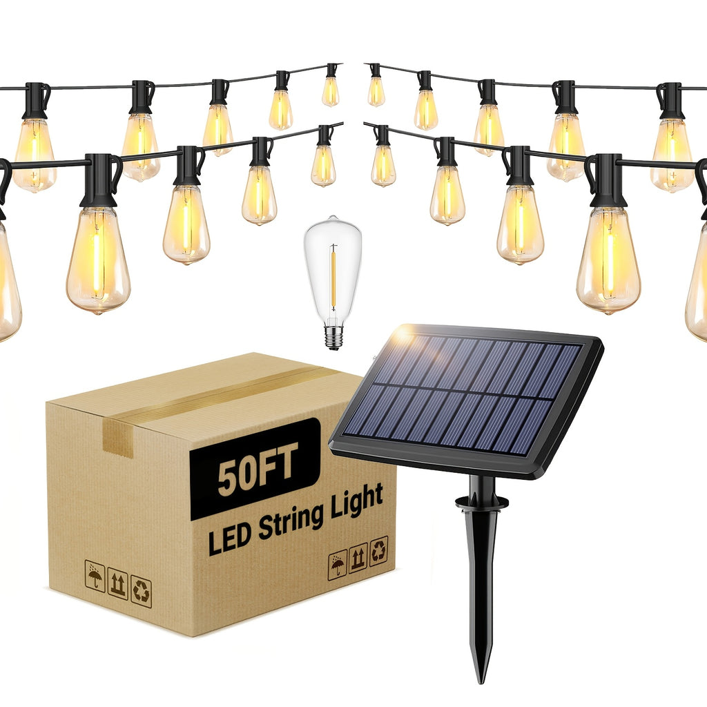 Teardrop Solar String Lights with 2700K Warm ST38 LED Filament Bulbs, Dimmable Outdoor Patio Decor in 50, 120, 150 or 200ft Length Options