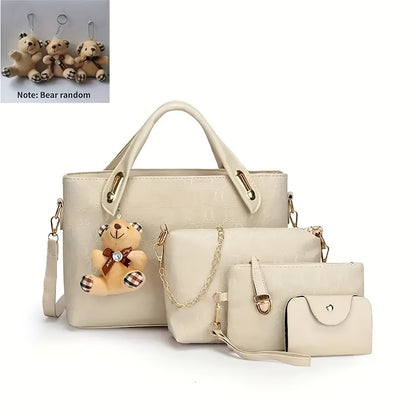 Women's Four-Piece Handbag Set with Random-Style Bear Pendant Reference, Black, Beige, Golden or Deep Blue Options for Daily Commuting and Casual Outings