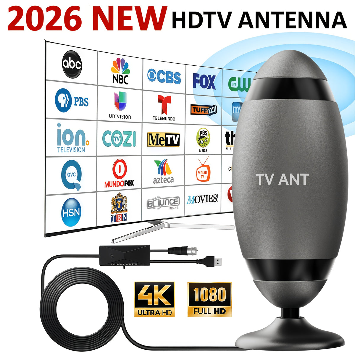 Rugby-Shaped Indoor HDTV Antenna in Black with Listed VHF and UHF Support, 4K and 1080P Compatibility Wording for Suitable Television Broadcast Reception