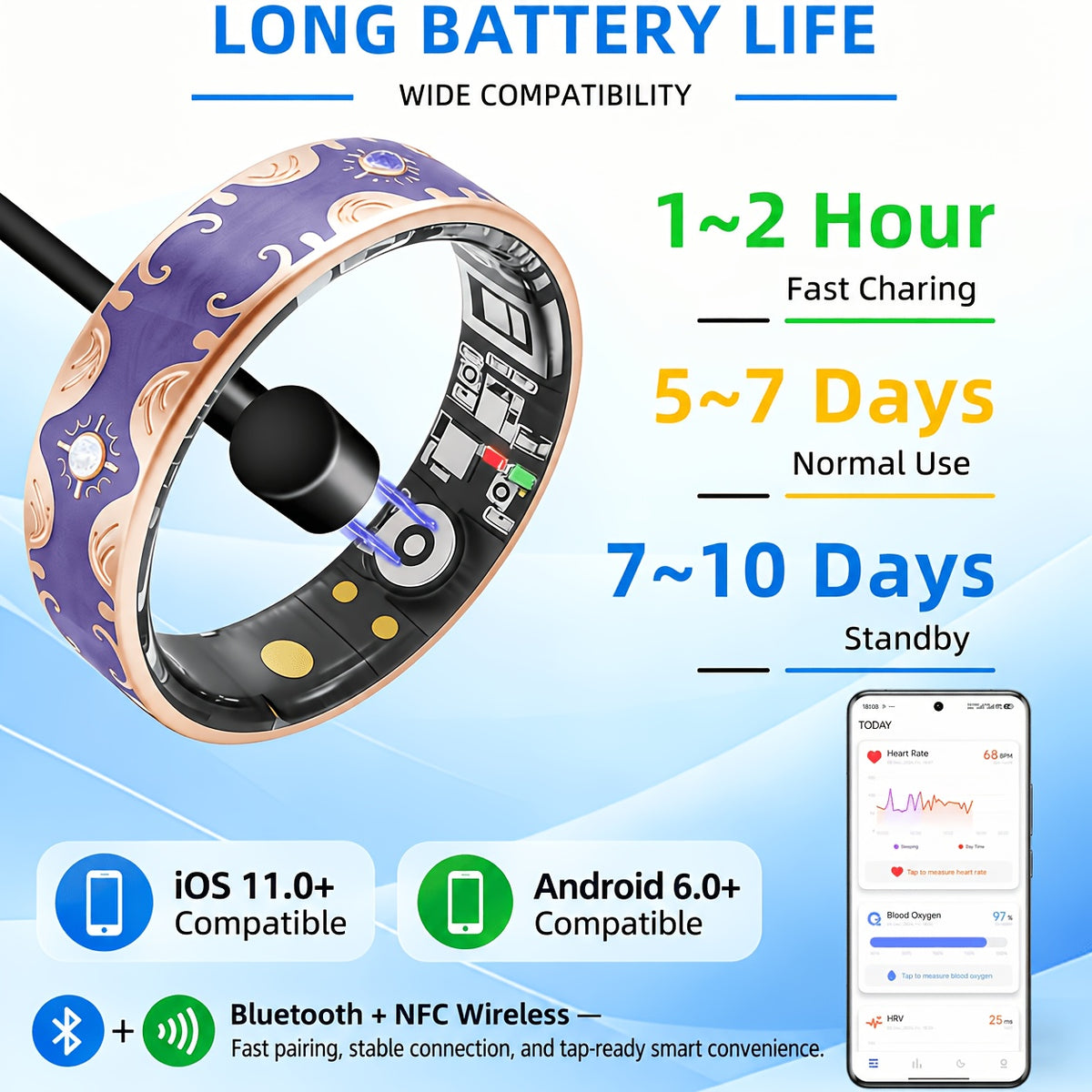 Smart Ring for Women, Fitness Tracker Ring with 120+ Sports Modes, Steps, Distance and Calories Tracking, Stress Monitor and Menstrual Cycle Tracking for iPhone and Android, No Subscription