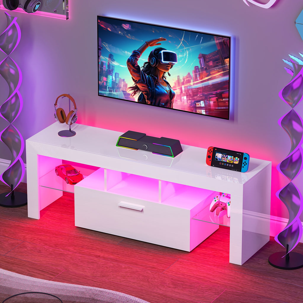 White LED TV Stand with Cabinet Storage and Glass Shelves, Modern Media Console for Living Room and Game Room in 130, 167 or 180 cm Model Options