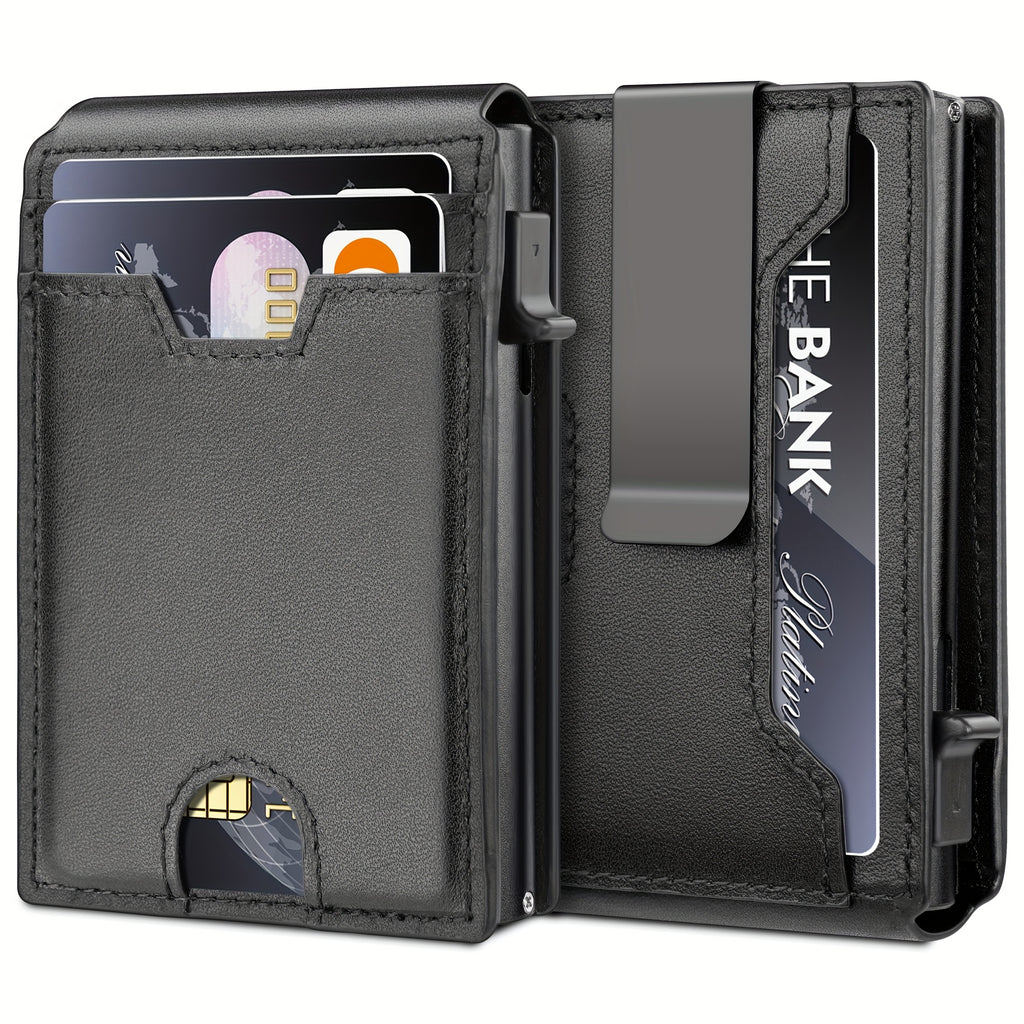 Pop Up Card Wallet for Men with Money Clip and ID Window, Slim Aluminum Bifold Credit Card Holder with Listed RFID Blocking Design for Everyday Carry