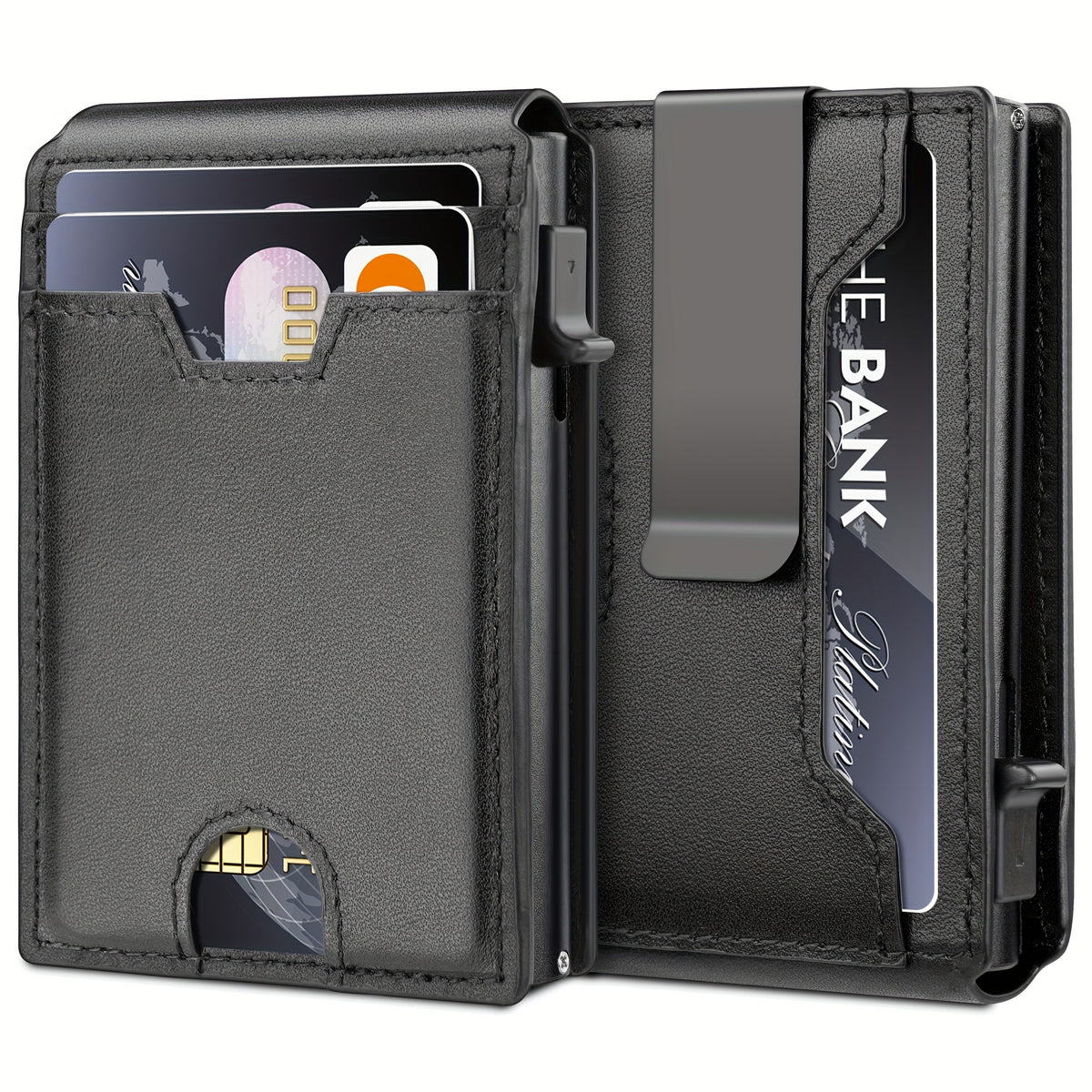 Pop Up Card Wallet for Men with Money Clip and ID Window, Slim Aluminum Bifold Credit Card Holder with Listed RFID Blocking Design for Everyday Carry