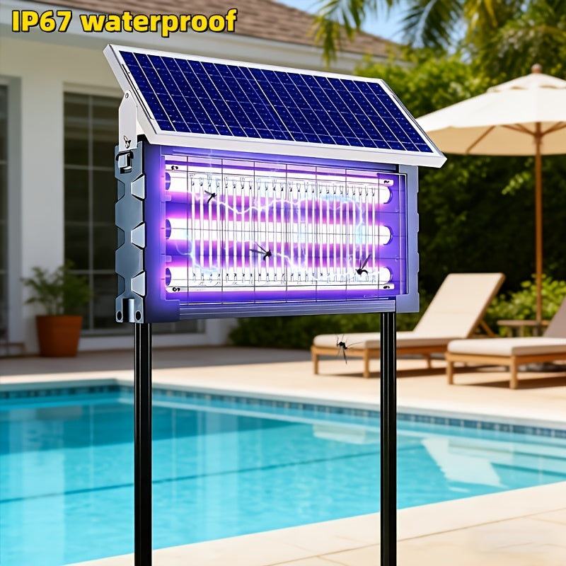 Solar-Powered Bug Zapper in Black with Automatic Day-Night Operation, Hook, Support Rod and Listed 10ft Solar Panel Extension Cord for Patio and RV Setups