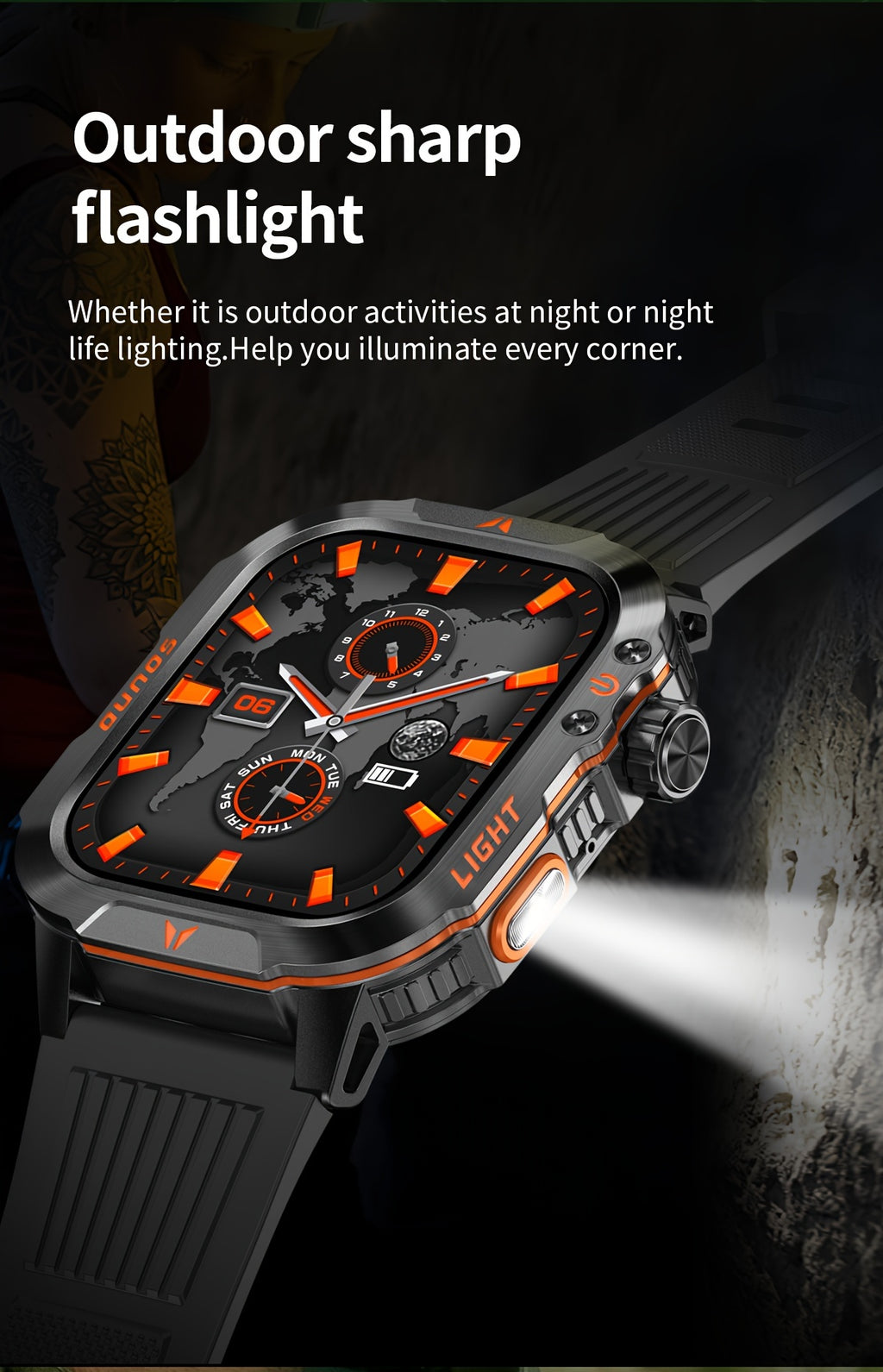 Outdoor Calling Smartwatch with Listed Compass, Altimeter, Barometer and LED Flashlight, 600mAh Battery and Sleep Tracking in Five Style Labels for Men