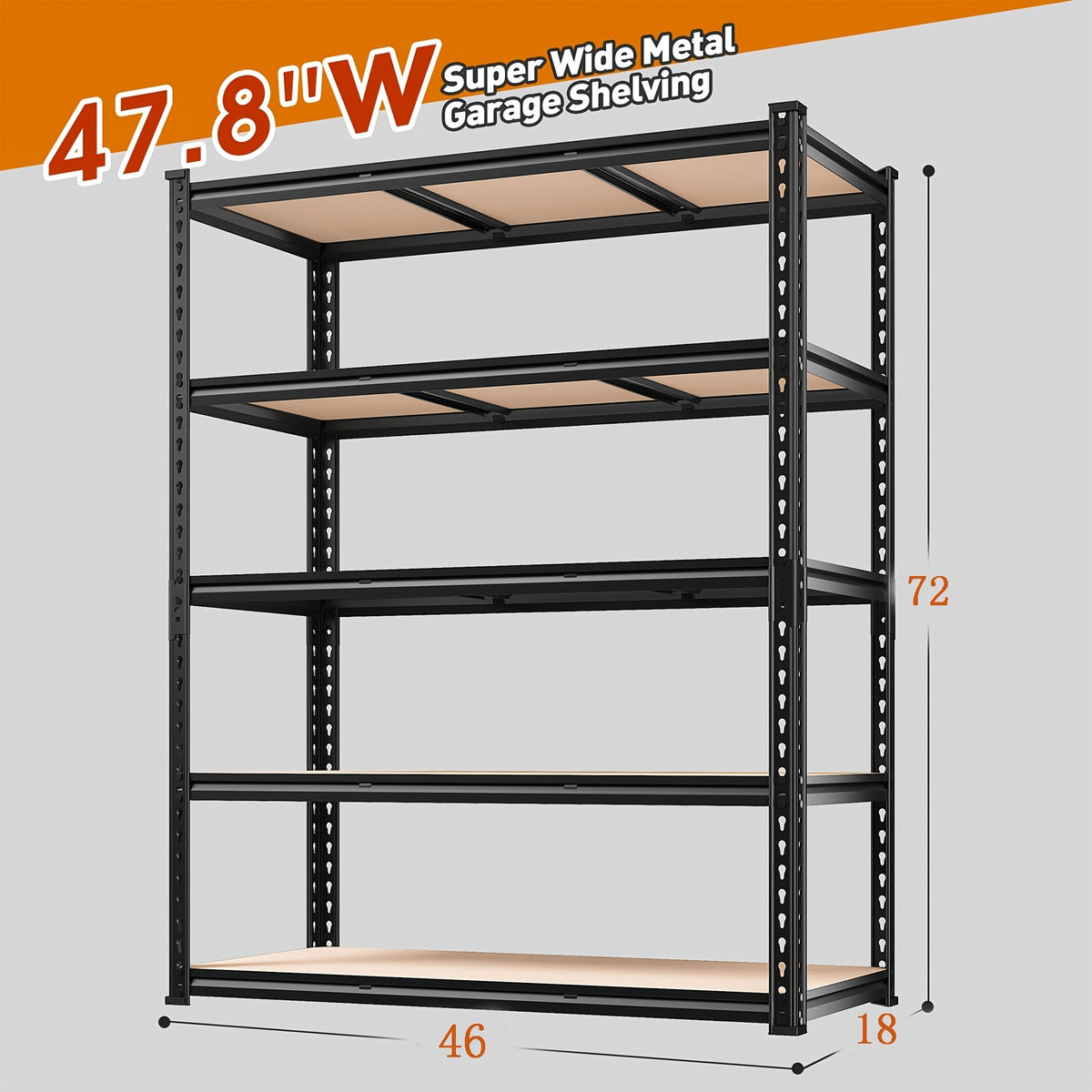 Adjustable Storage Shelving by REIBII with Five Wood-Board Tiers and Black Metal Frame, Garage and Pantry Organizer with Height and Two-Piece Pack Options