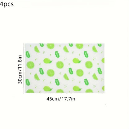 Lemon Pattern Refrigerator Liners in EVA, Four-Piece Washable Reusable Shelf Mat Set for Compatible Kitchen Drawers, Cabinets and Fridge Organization