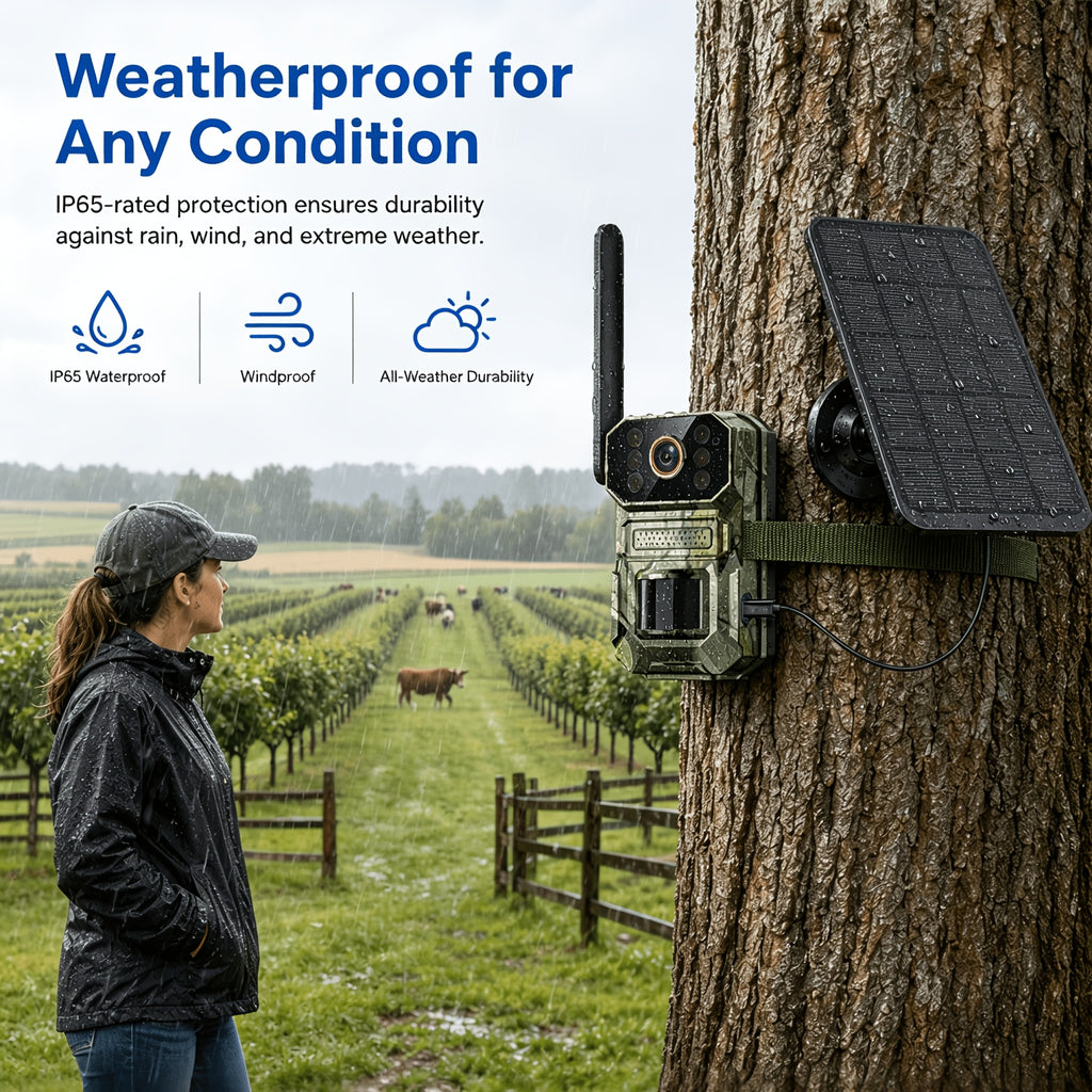 Farm Solar Trail Camera for Orchard and Livestock Monitoring with 125° Wide-Angle View, Listed 20W Solar Panel, 6000mAh Battery and Mounting Straps