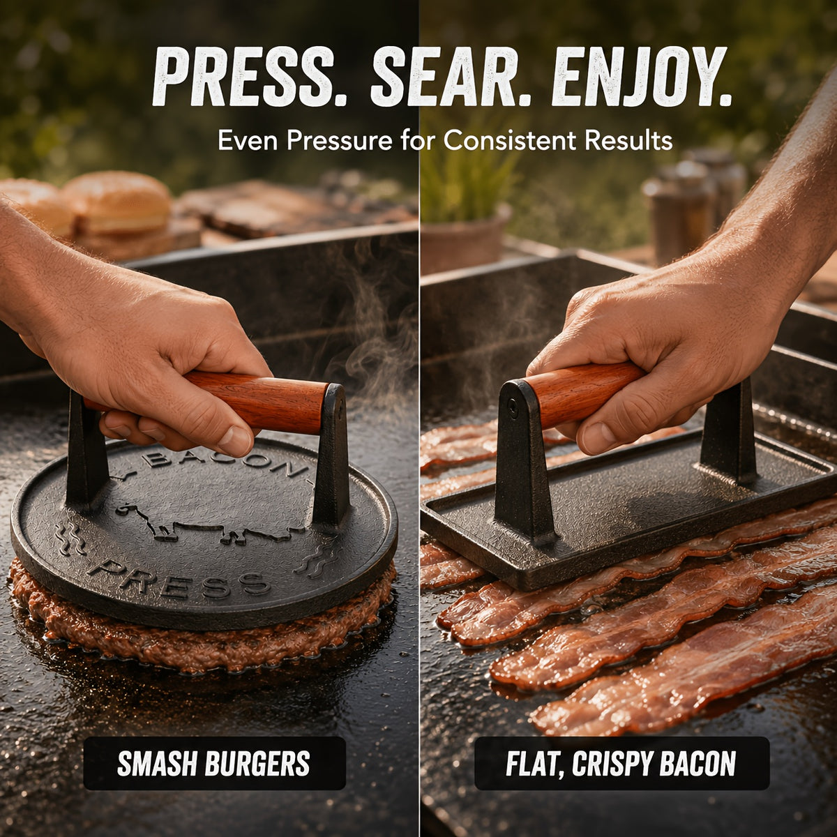 Cast Iron Bacon Press by Vivicreate, Round Heavy-Duty Grill and Meat Press for Bacon, Steak and Toasted Sandwiches, Kitchen and Outdoor Cooking Tool