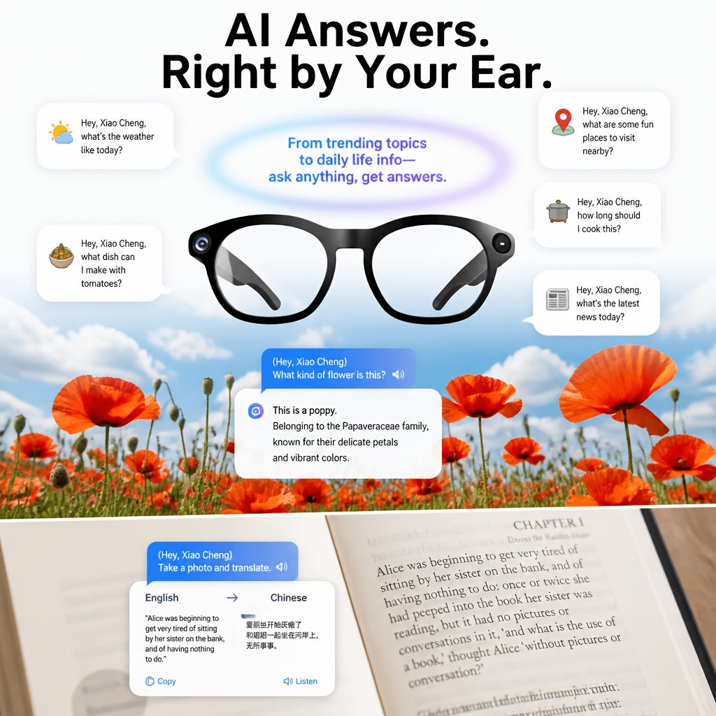 Voice-Wake Smart Camera Glasses with Listed 8MP Imaging, Photo and Video Capture, Real-Time Translation, Voice Assistant, Wireless Music and Call Features