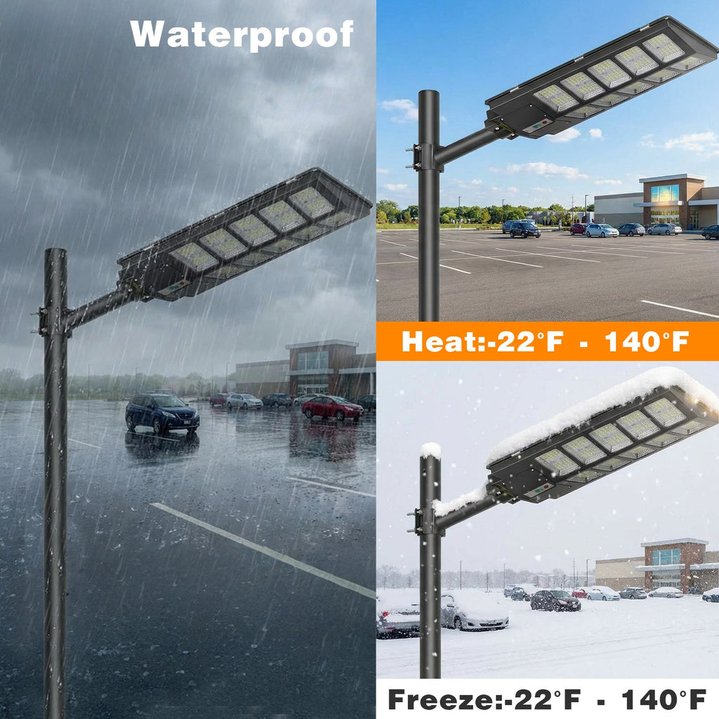 Solar Street Light with Motion Sensor and Remote Control, Matte Black Single-Pack 270, 360 or 800 LED Options with 6500K and Three Lighting Mode References