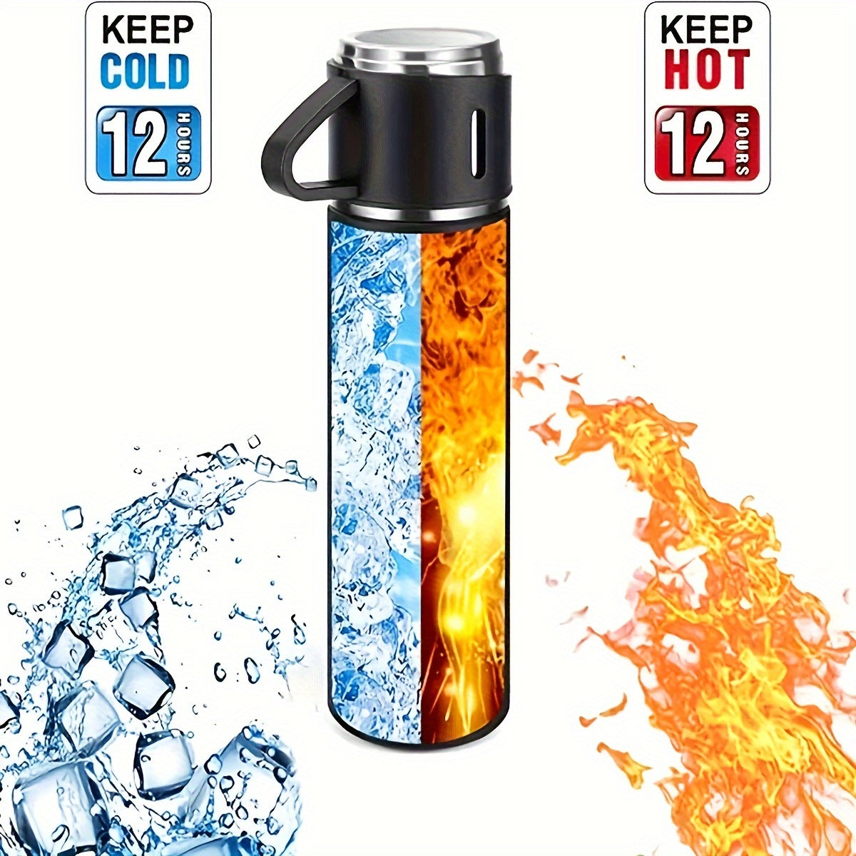 Insulated Bottle and Cup Set with Listed 500ml Stainless Steel Bottle and Three Small Cups, Six Color Options for Work, School and Everyday Beverage Carry