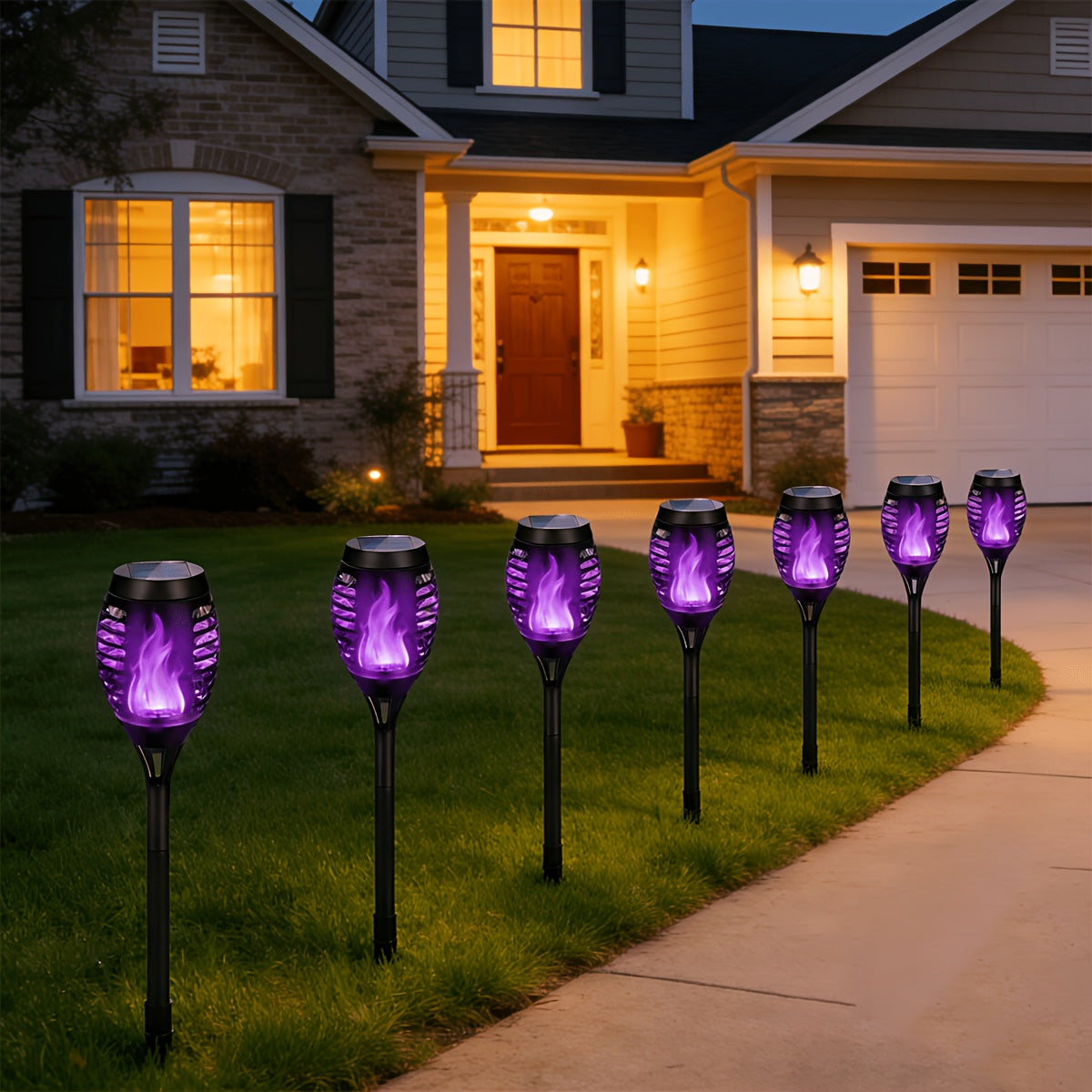 Solar Torch Lights with Flickering Flame Effect, 8 or 12 Pack Ground-Mounted Decorative Garden Lamps with Color Options for Outdoor Parties and Halloween Displays