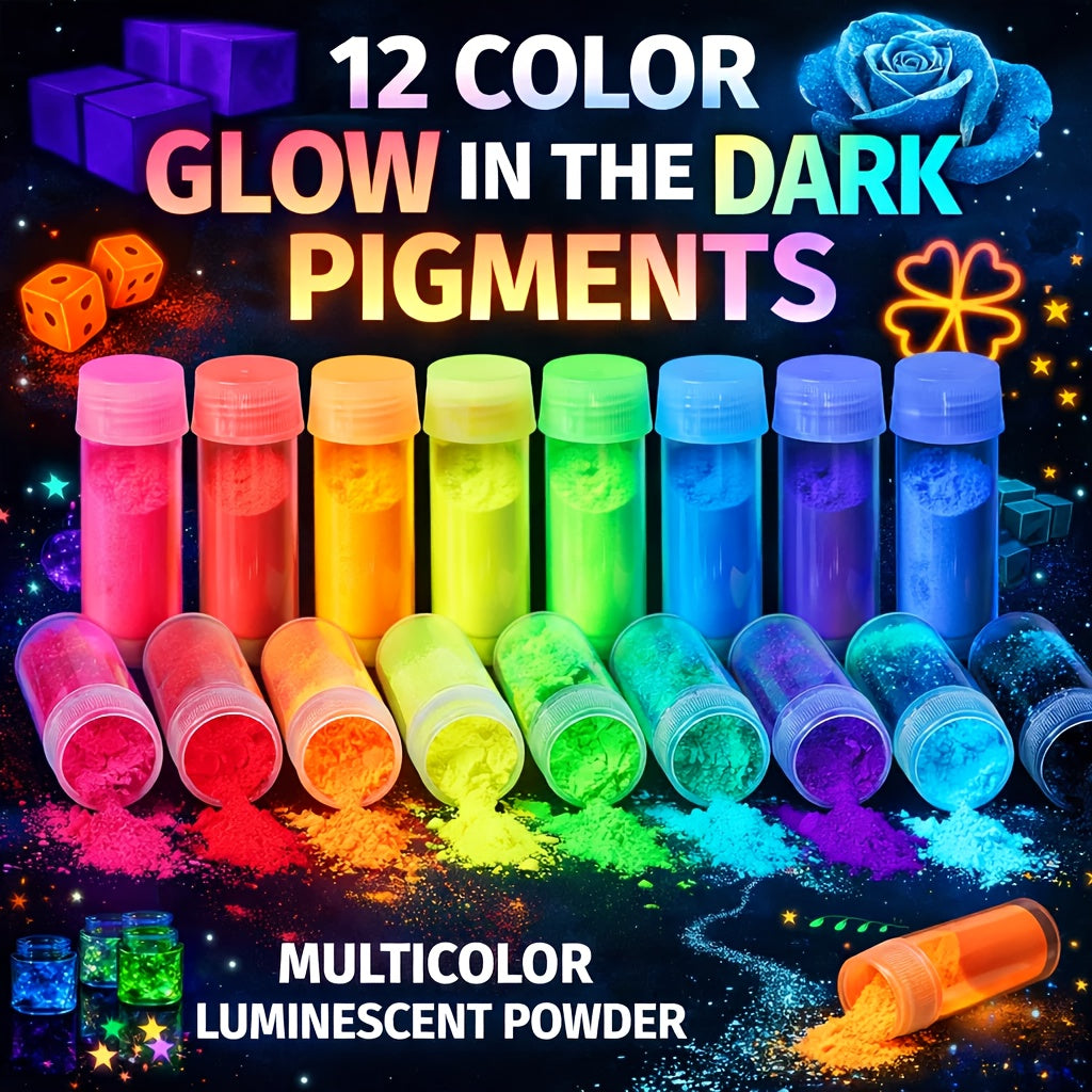Glow in the Dark Craft Powder with Listed 12 Colors and 20g Label, Mixed-Color Luminous Pigment for Compatible Epoxy Resin Art, DIY Gifts and Holiday Decorations