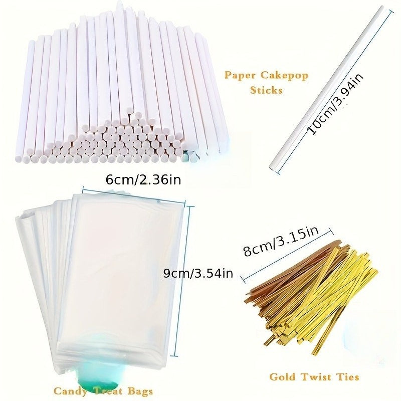Cake Pop Treat Bag Kit, 297-Piece Mixed Set of Plastic Bags, Lollipop Sticks and Golden Metallic Twist Ties for Candy Packaging and Party Favor Presentation