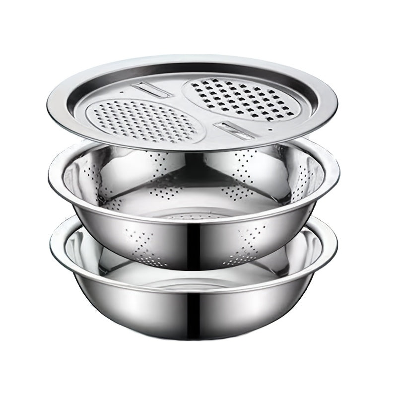Food Prep Bowl Set with Stainless Steel Construction, 3-Piece Mixing Bowl, Draining Filter and Integrated Grinder for Fruit, Vegetables and Cheese