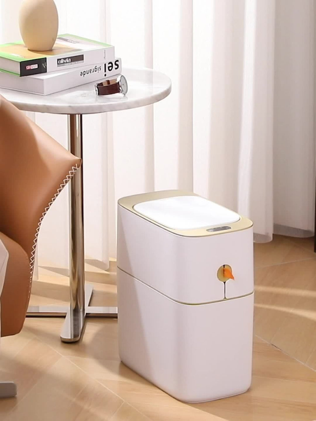 Golden-Accent Sensor Trash Bin with Listed 4-Gallon Capacity and Automatic Lid, One- or Two-Piece Options for Bathroom, Bedroom and Office Waste Storage, Batteries Excluded