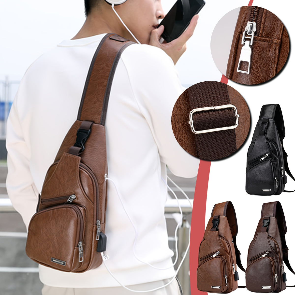 PU Leather Sling Bag for Men and Women with Adjustable Shoulder Strap, Zippered Pockets and Earphone Opening for Daily Walking, Hiking and Travel