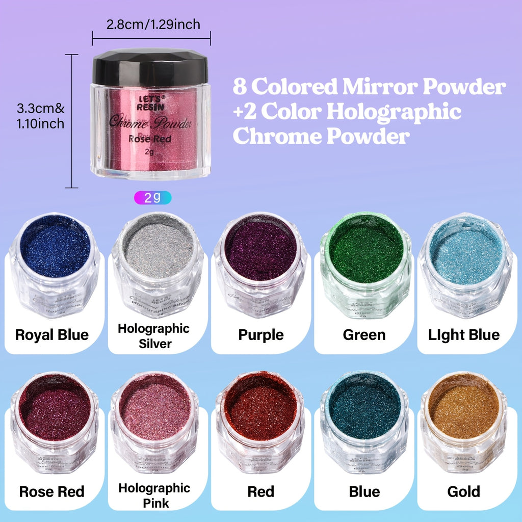 Chrome Pigment Powder Set with Ten Listed Colors, Eight Metallic and Two Holographic Jars at 2g Each for Compatible Epoxy Resin Art, Tumbler Decoration and Painting