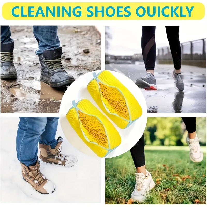 Chenille Shoe Washing Bag in Yellow with Soft Interior, Nylon Zipper and Elastic End Cover for Machine-Washable Sneakers and Household Footwear Laundry