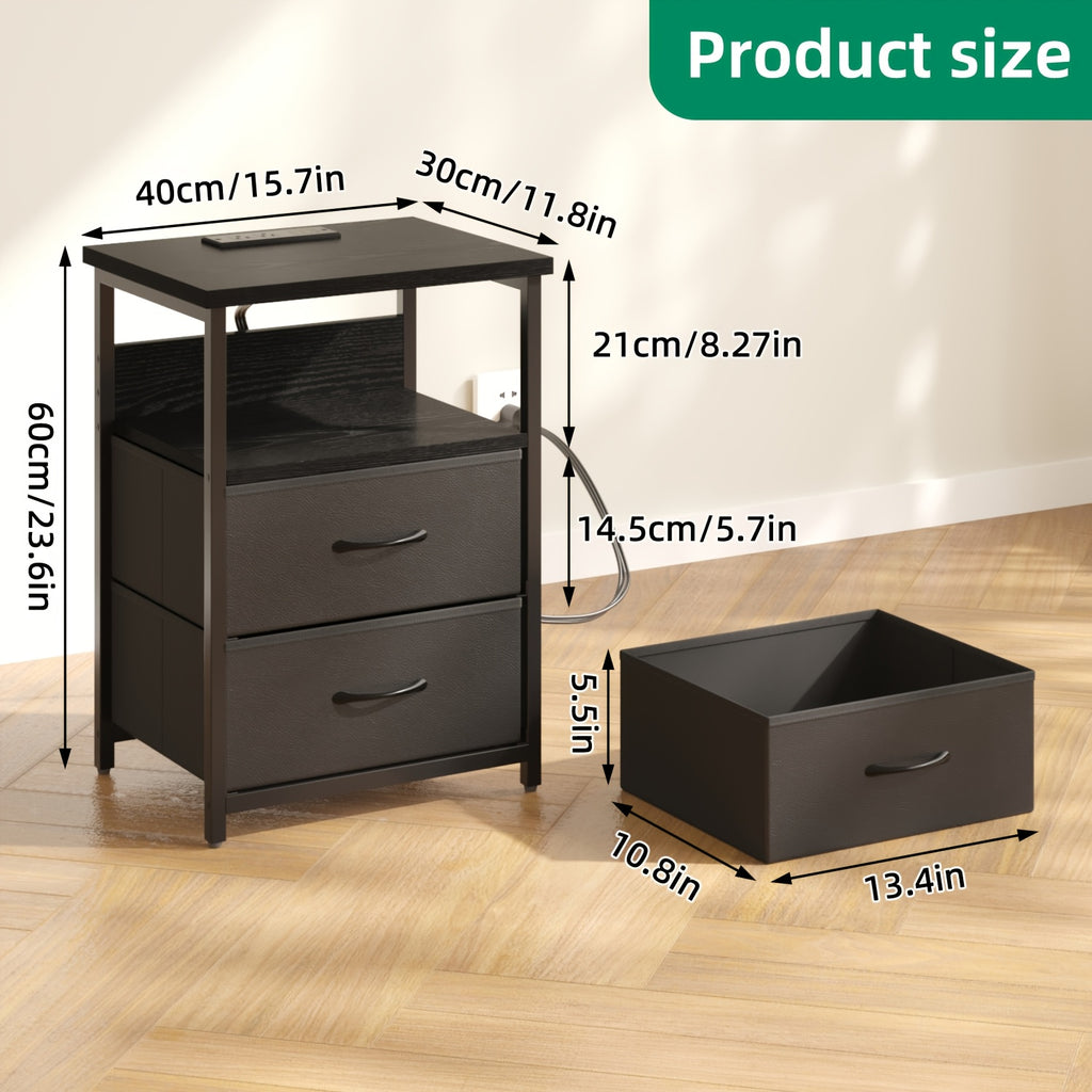 LED Nightstand with Charging Station, Smart Night Stand with USB Ports & Outlets, 2 Fabric Storage Drawers, Bed Side Table for Bedroom, Dorm & School, White or Black, 1pc / 2pcs