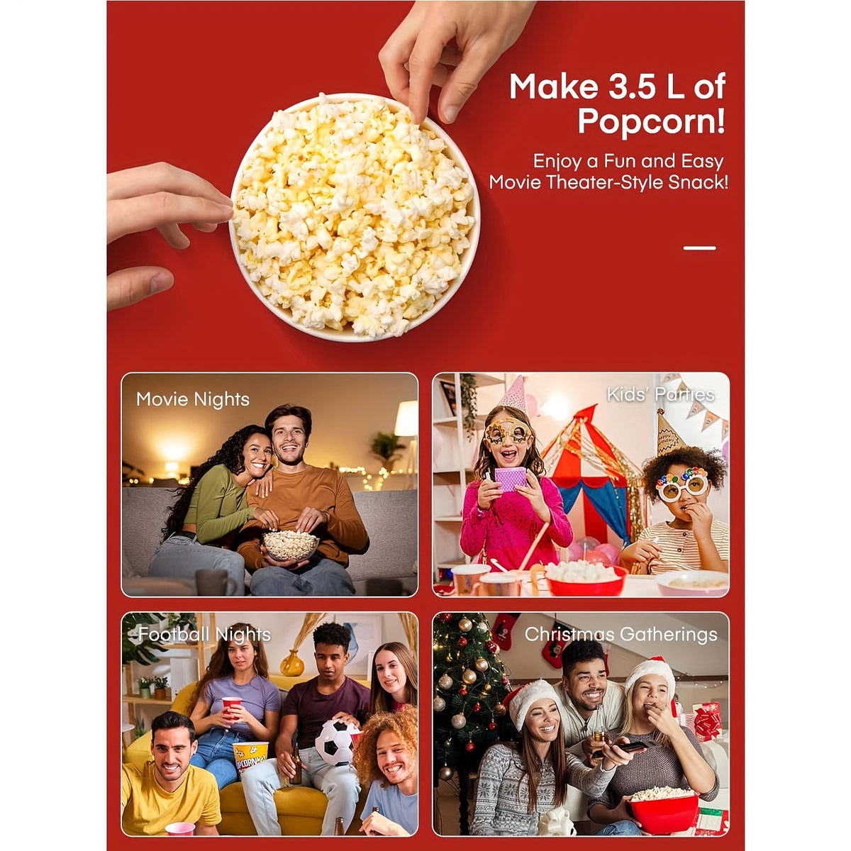 Red Hot Air Popcorn Maker by Oyajia with Listed 1400W Power and Measuring Cap, Electric Air Popper with Lid and User Manual for Home Movie Nights and Party Snacks