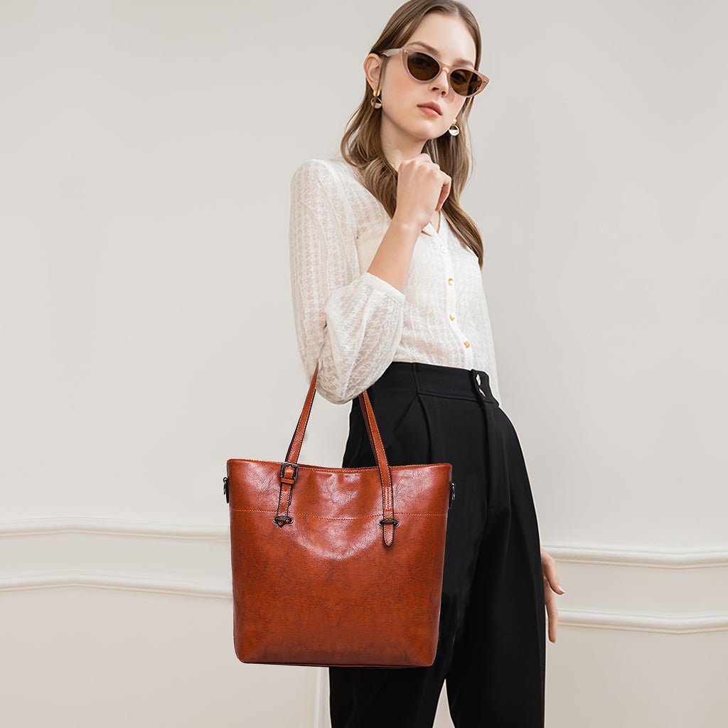 Retro PU Handbag Set for Women, Listed Four-Piece Tote, Crossbody, Shoulder Bag and Wallet Collection in Brown Plus, Black Plus or Blue for Shopping and Date Nights