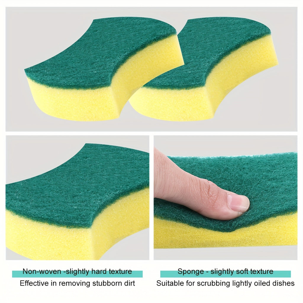 Waist-Shaped Cleaning Sponges in Yellow and Green, 12- or 24-Piece Double-Sided Scouring Pad Options for Compatible Dishwashing and Household Kitchen Cleanup