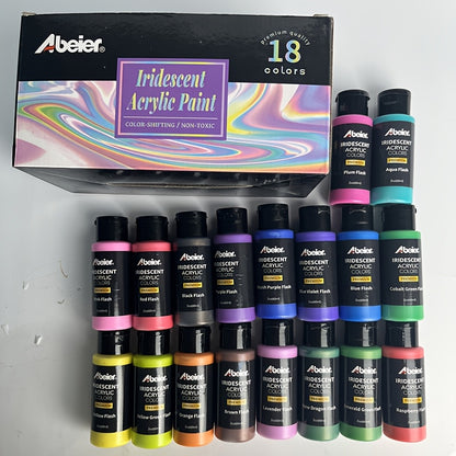 Iridescent Acrylic Paint Set by Abeier with 18 Color-Shifting Colors in 2oz Bottles for Canvas Details, Wood Decorations, Rock Painting and DIY Crafts