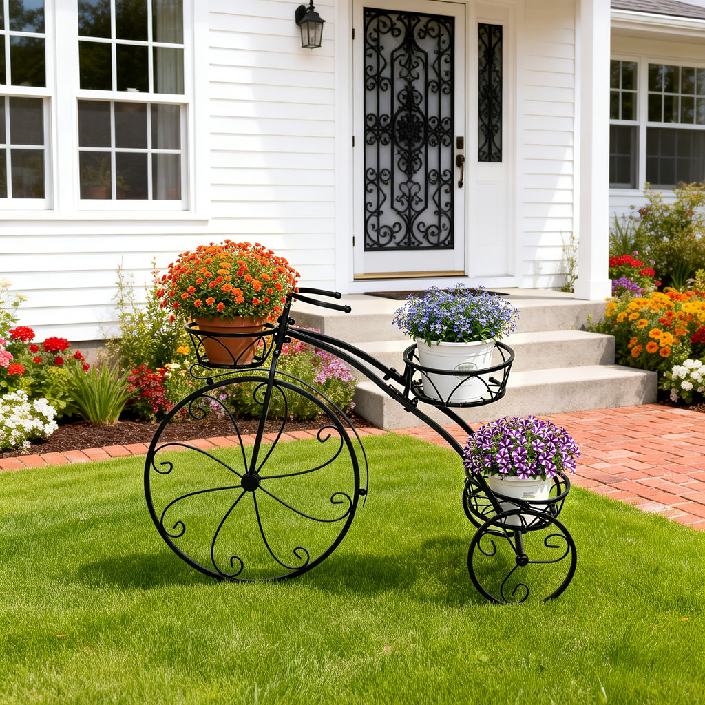 Tricycle Plant Stand in Black or White with Three Iron Pot Holders, Decorative Bicycle Flower Display with Fixed Wheels for Home and Suitable Patio Spaces