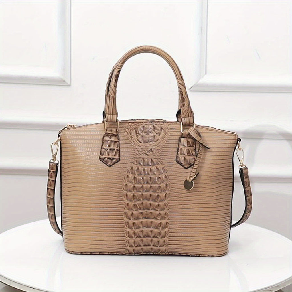 Crocodile-Design Work Handbag for Women with Detachable Shoulder Strap and Zipper Closure, Spacious Crossbody-Style Purse for Office and Everyday Wear