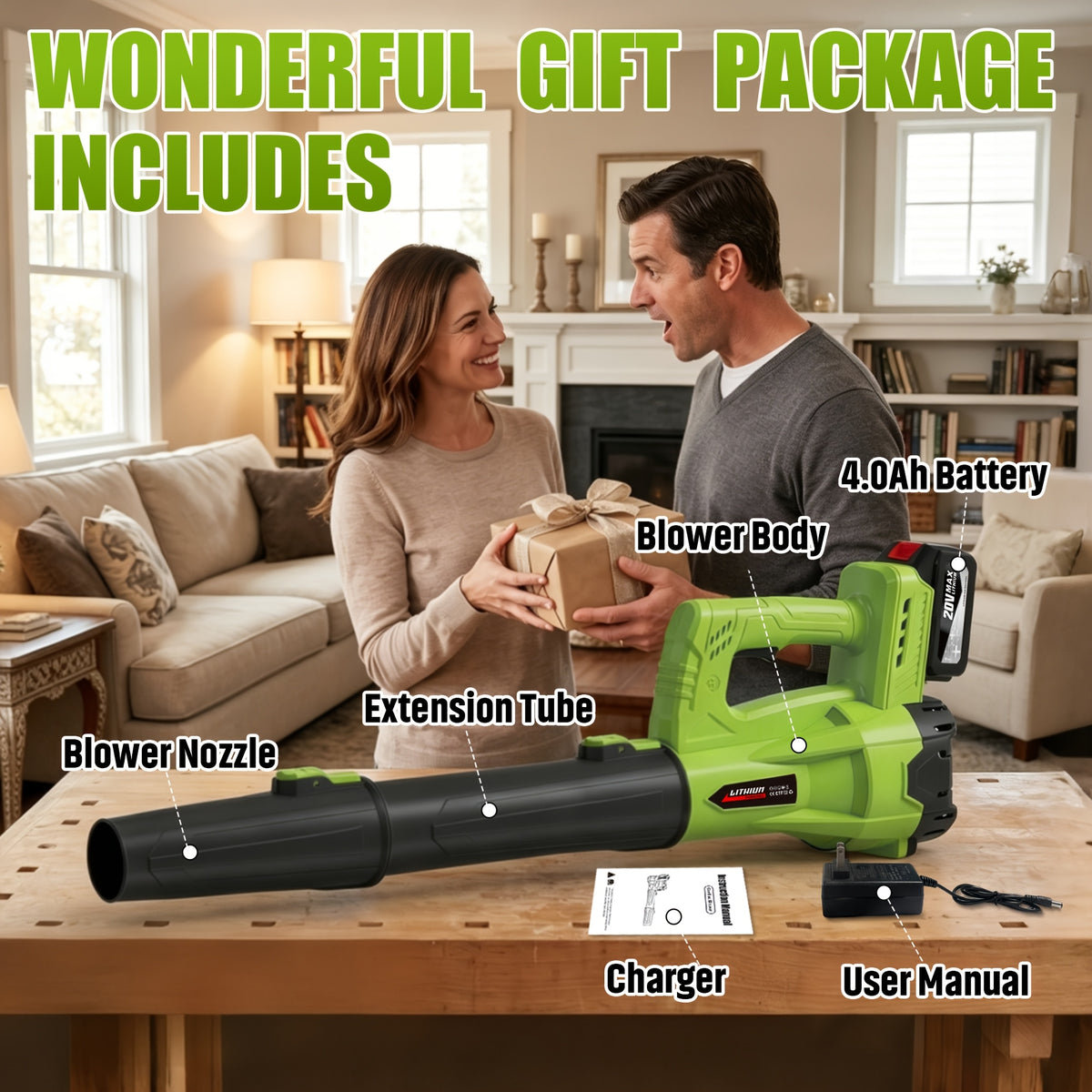 Extension Nozzle Leaf Blower with Non-Slip Handle, Green 4000mAh or Yellow 2000mAh One- and Two-Battery Options for Outdoor Leaf Cleanup and Yard Maintenance