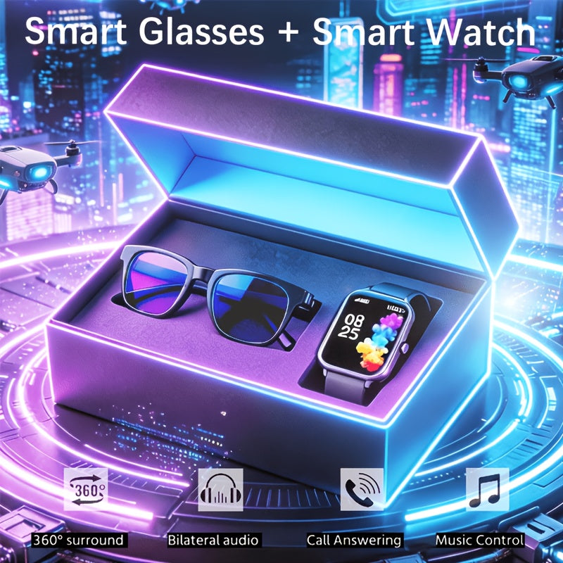 Smartwatch and AI Translation Glasses Bundle with Full Touchscreen, Online Multilingual and Photo Translation, Built-In Microphone and Speaker for Wireless Calls