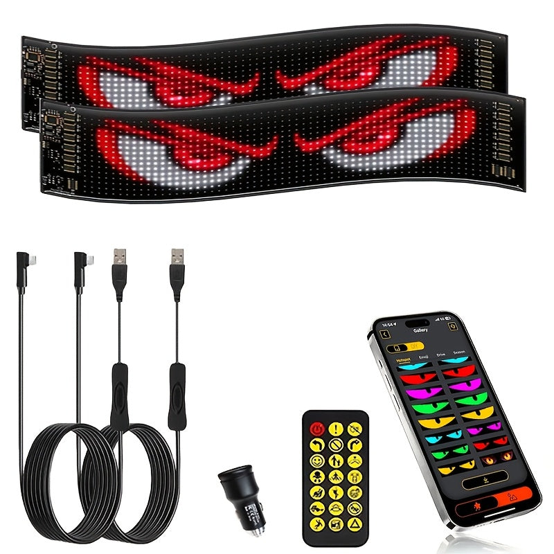 LED Devil's Eye Matrix Panels, Two-Piece Flexible USB 5V Decorative Display with App and Remote Controls, Programmable Animation and Text for Car Displays