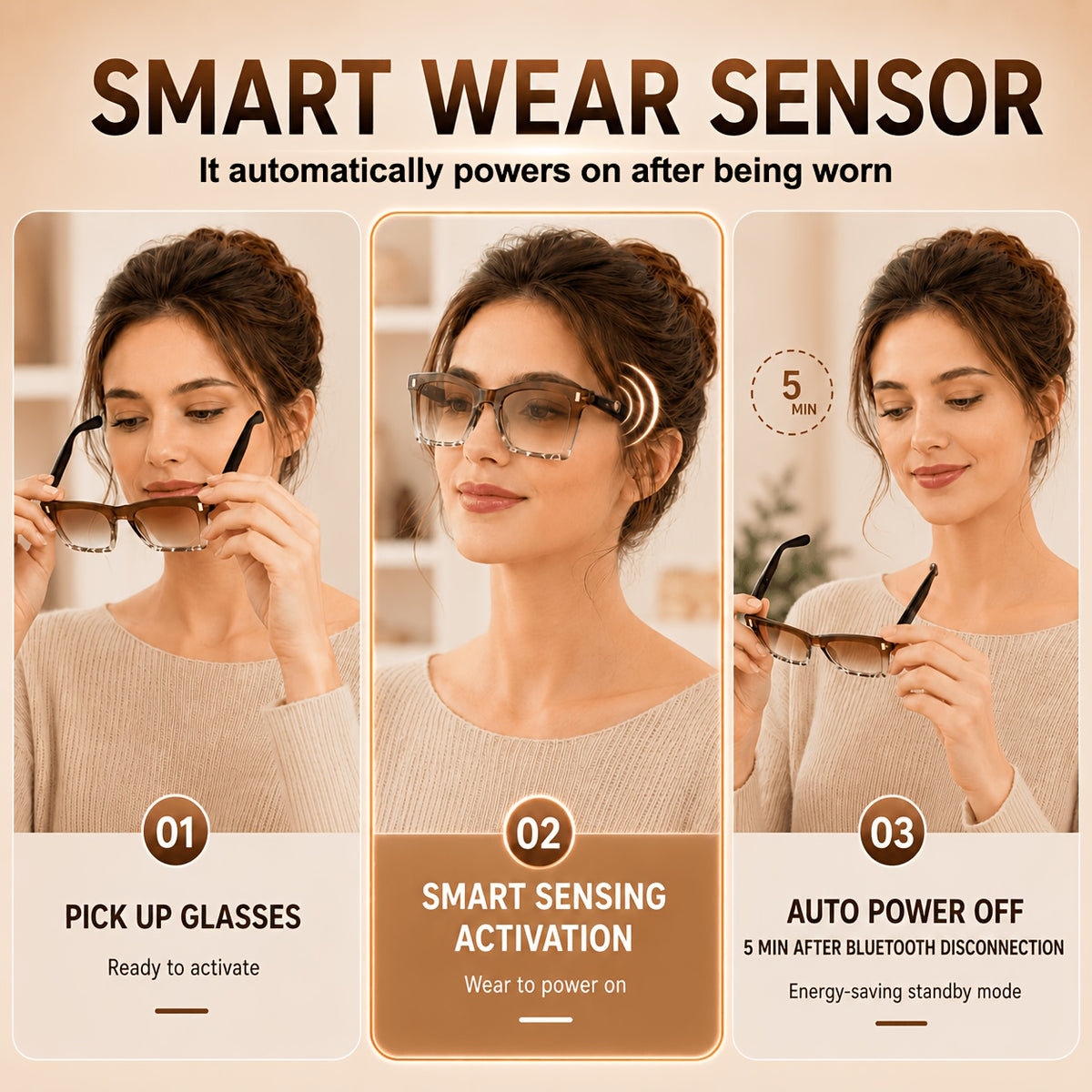 Cat Eye Smart Glasses for Women, SM02 Wireless Audio Eyewear with Listed Bluetooth 6.0, Wear Sensor and Automatic Connection Feature for Everyday Listening