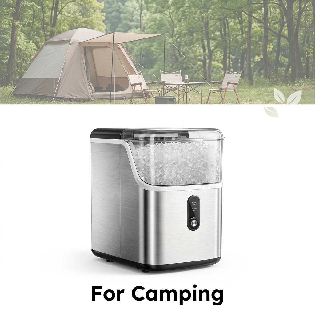 Carry-Handle Countertop Ice Maker with Bullet or Nugget Ice Option Labels, Self-Cleaning Wording, Basket and Scoop for Kitchen and Office Drink Preparation