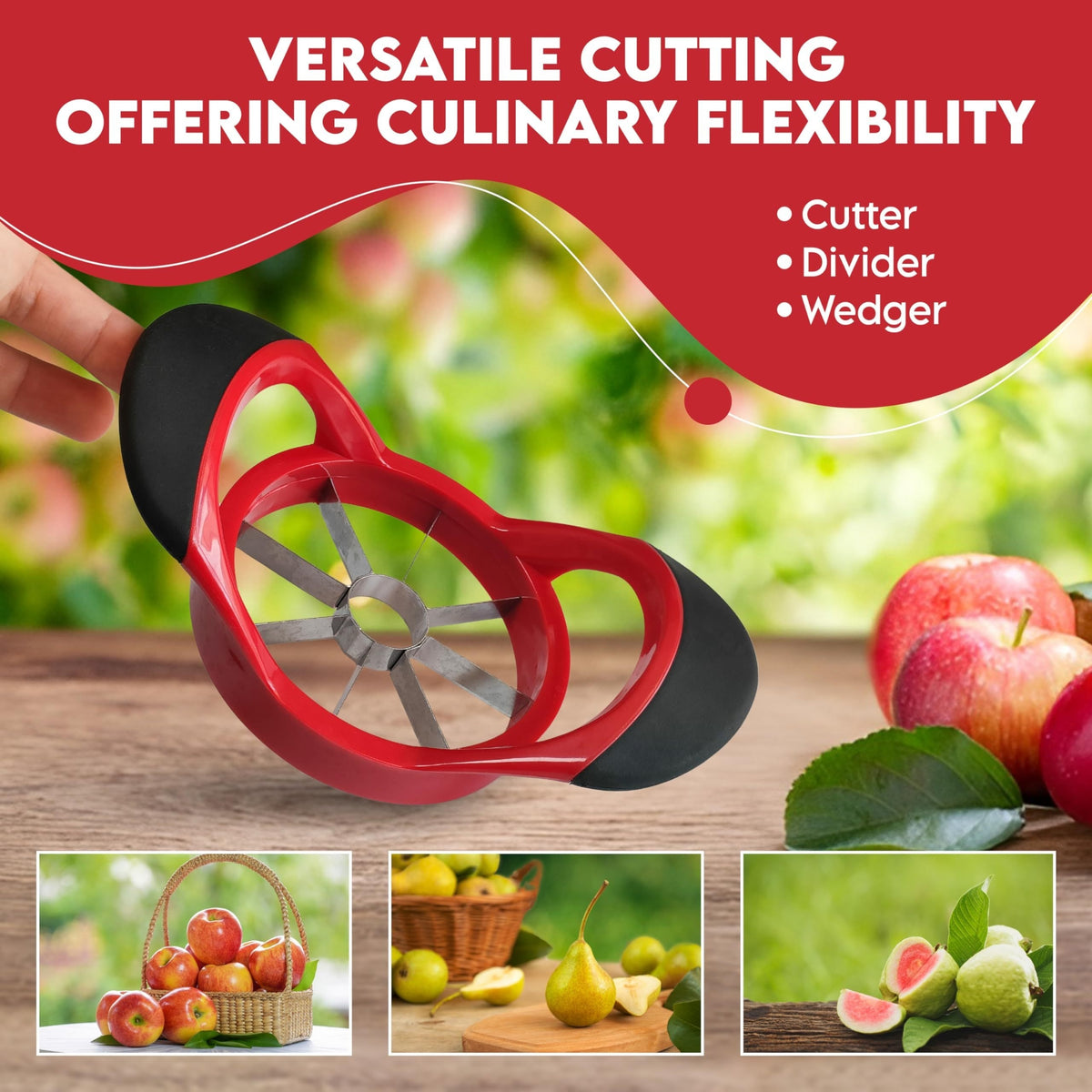 Stainless Steel Apple Slicer with Red Ergonomic Design, One-Piece Coring and Slicing Tool for Home Cooking, Fruit Snacks and Apple Baking Preparation