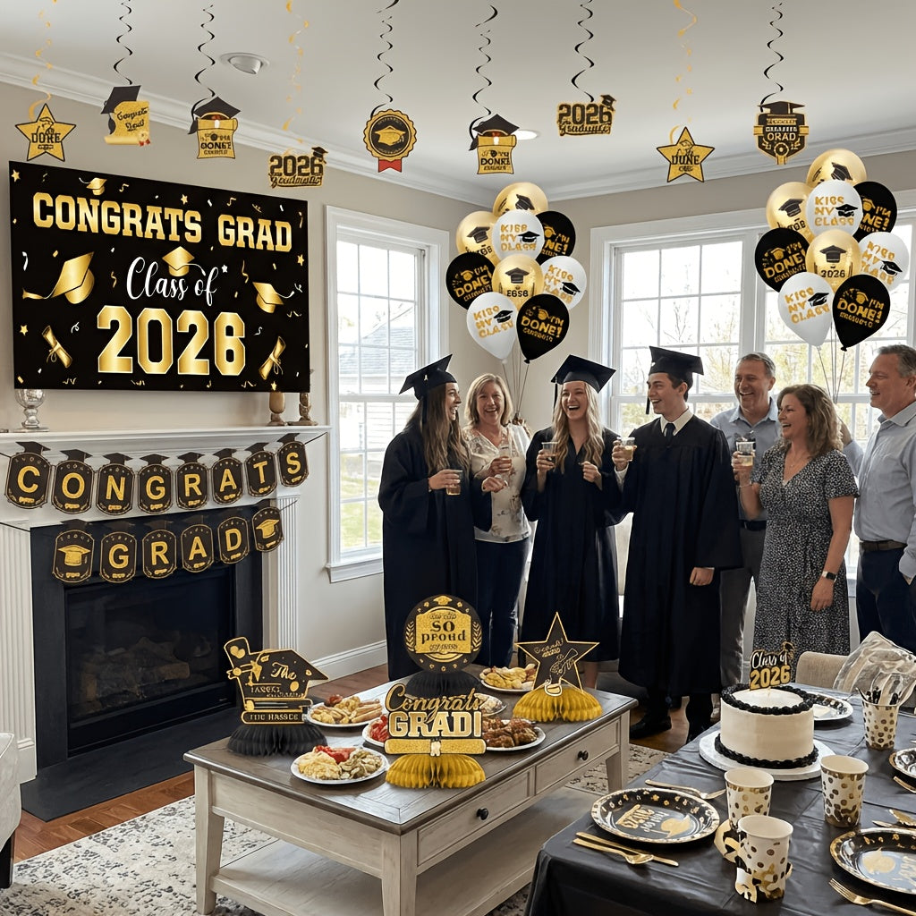 Graduation Party Decorations Class of 2026 Set with Backdrop Banner, Hanging Swirls, Balloons and Honeycomb Decor for Home Celebrations