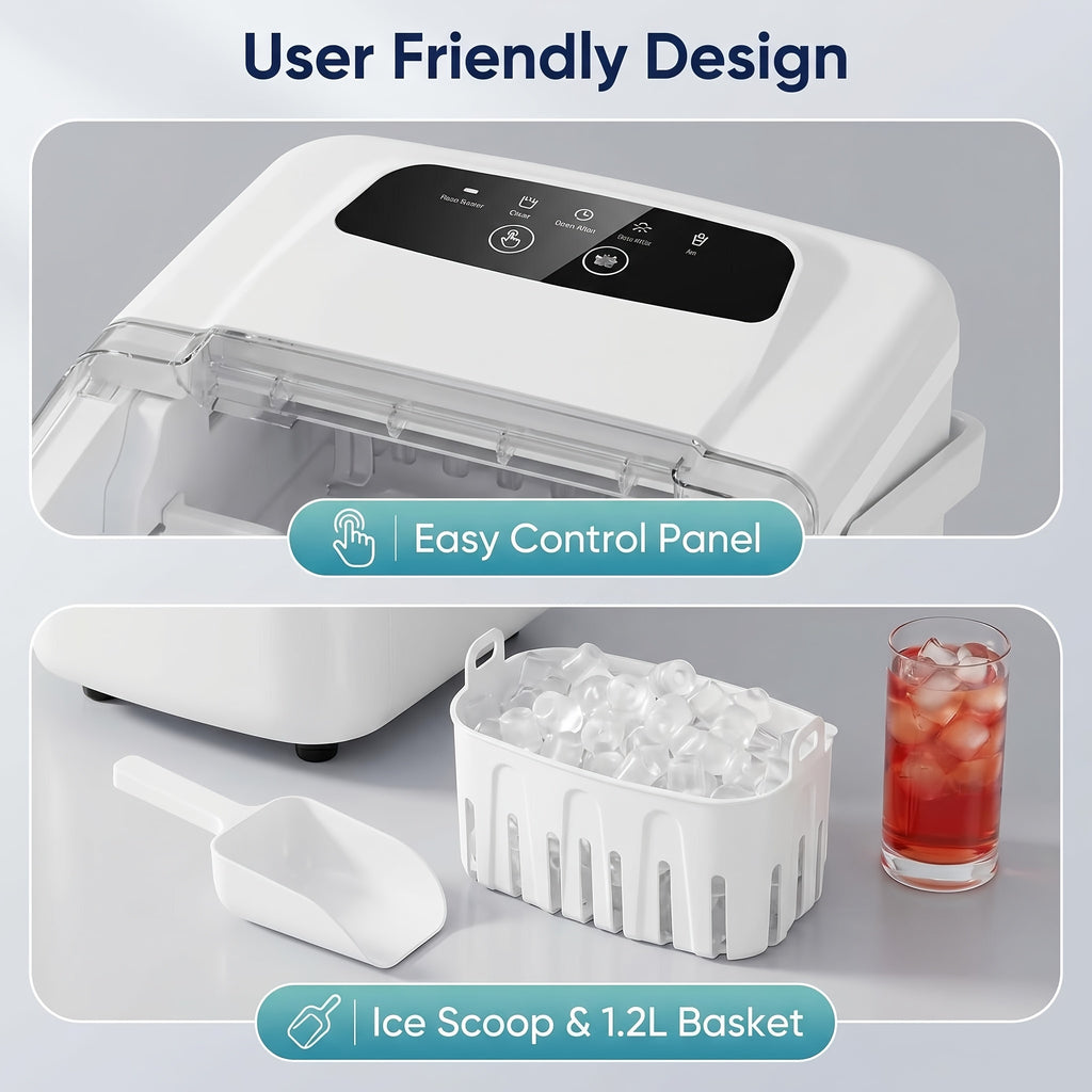 Carry-Handle Ice Maker with Basket and Scoop, Listed 26lb Daily Output and Nine Bullet Cubes in 6–8 Minutes, Black or White 40.58oz-Labeled Options