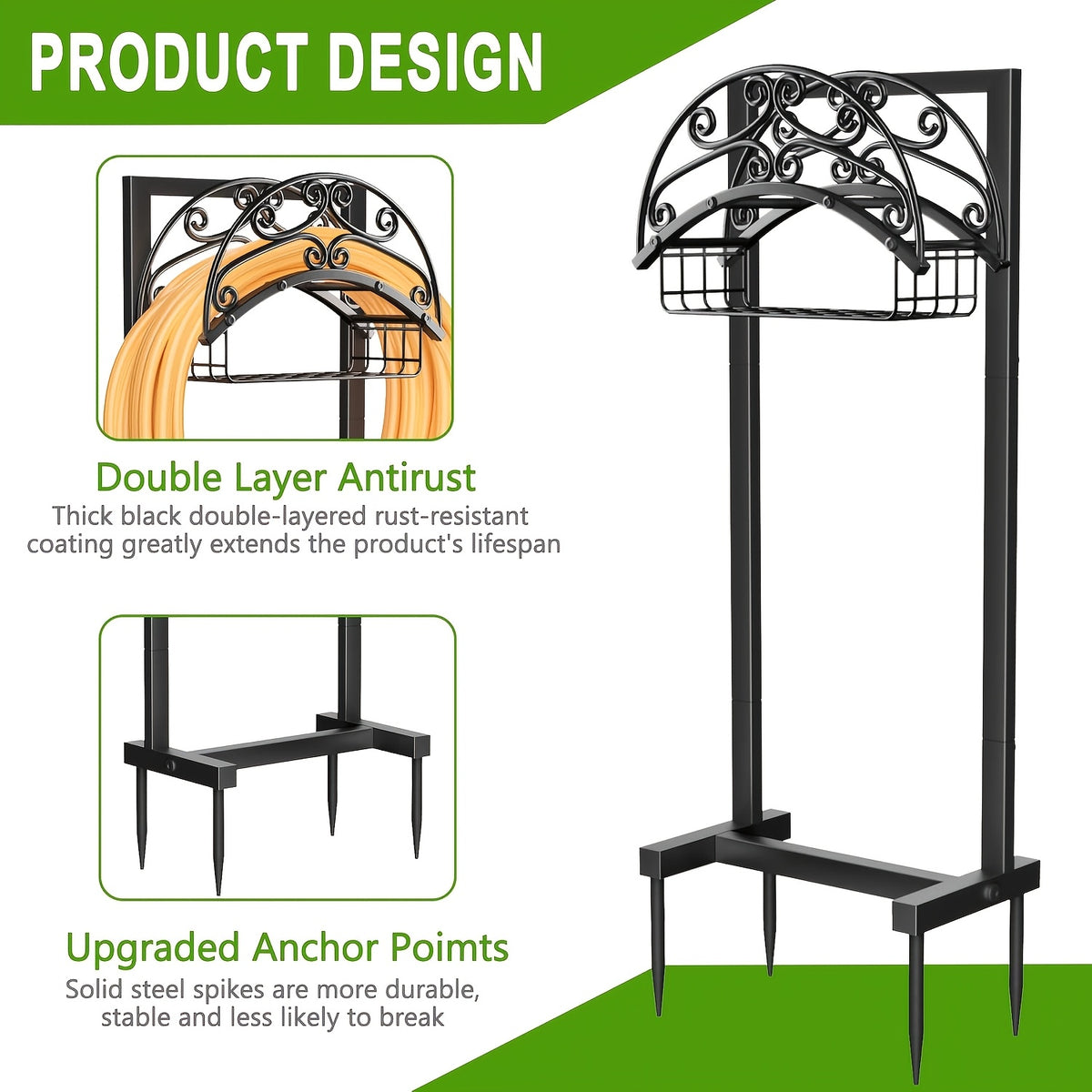 Metal Garden Hose Storage Rack, Black Detachable Outdoor Water Hose Holder with Single-Leg and Double-Feet Options for Garden, Patio and Lawn Organization