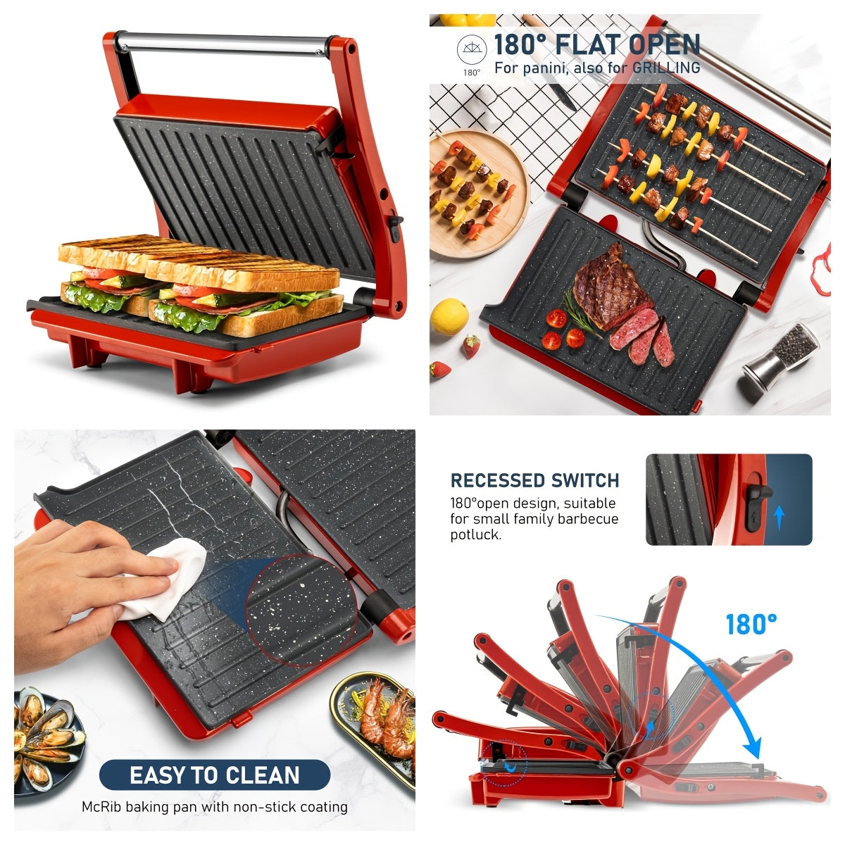 Floating-Hinge Panini Press and Indoor Grill with Nonstick Plate Wording, 180-Degree Opening and Grease Tray, Color or Timer-Control Options for Sandwiches