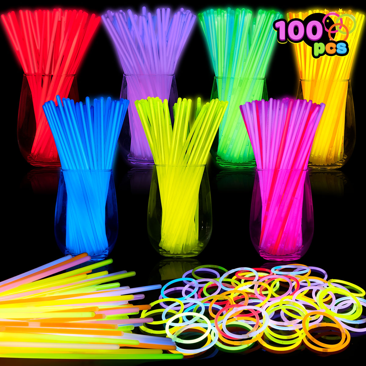 Glow Sticks Party Pack by SYNCFUN, 100 Eight-Inch Sticks with 100 Connectors and Seven Listed Colors for Bracelets, Necklaces and Holiday Celebrations