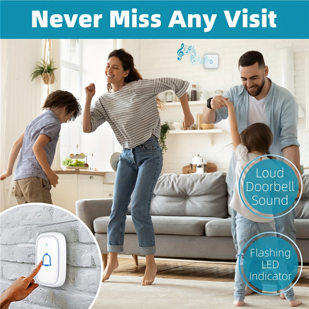Wireless Doorbell Chime Kit with 1 Button and 2 Chimes, 56 Melodies, 7 Volume Levels and Mute Mode, Listed 1000ft Range for Home and Office