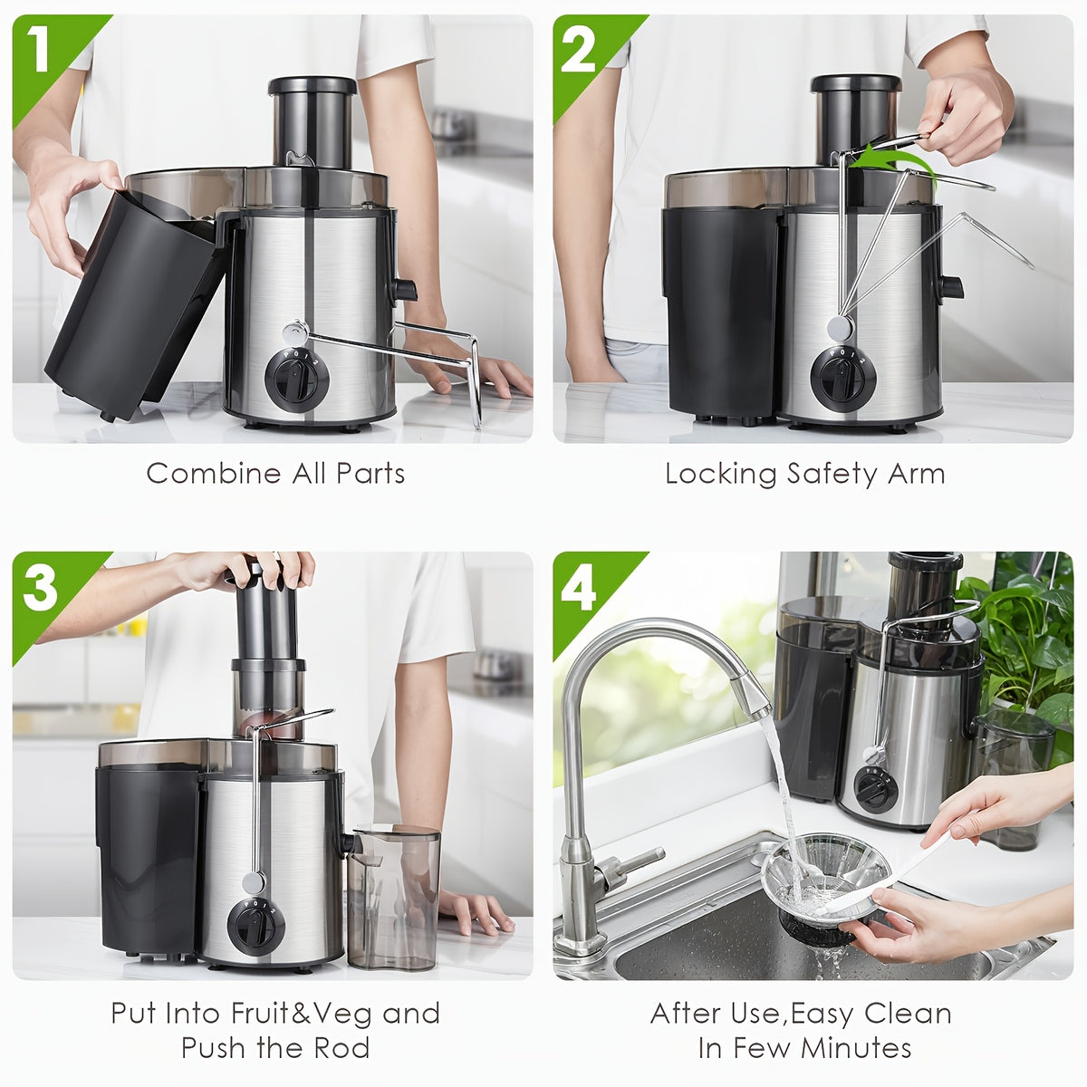 Multifunction Juice Extractor in Black with 3-Inch Feed Opening, Three Speed Settings, One-Touch Operation and Detachable Parts for Fruit and Vegetable Preparation