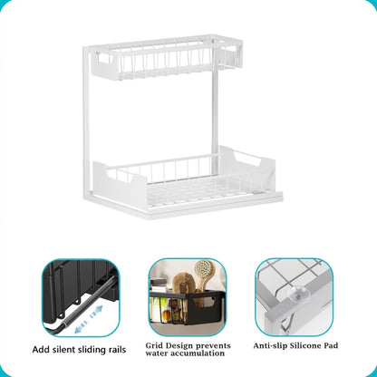 Two-Tier Sliding Under Sink Organizer for Kitchen and Bathroom Cabinets, Metal Pull-Out Storage Rack in Black, White or Gray with Single and Two-Pack Options