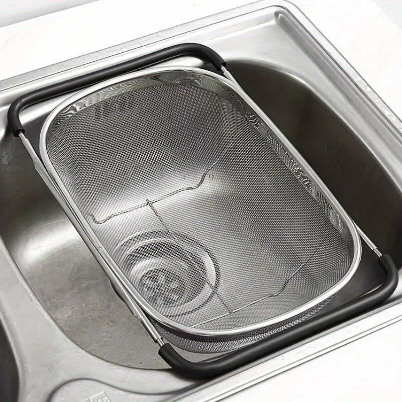 Adjustable Sink Colander Basket, One-Piece Kitchen Drain Rack with Stainless Steel Reference for Rinsing Vegetables and Draining Fruit in Compatible Sinks