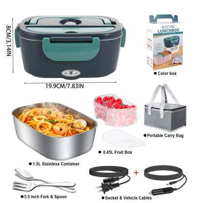 Electric Heated Lunch Box, 3-in-1 Portable Food Warmer with 304 Stainless Steel Container, 12V/24V Vehicle and 120V Home Power, Blue for Work and Travel